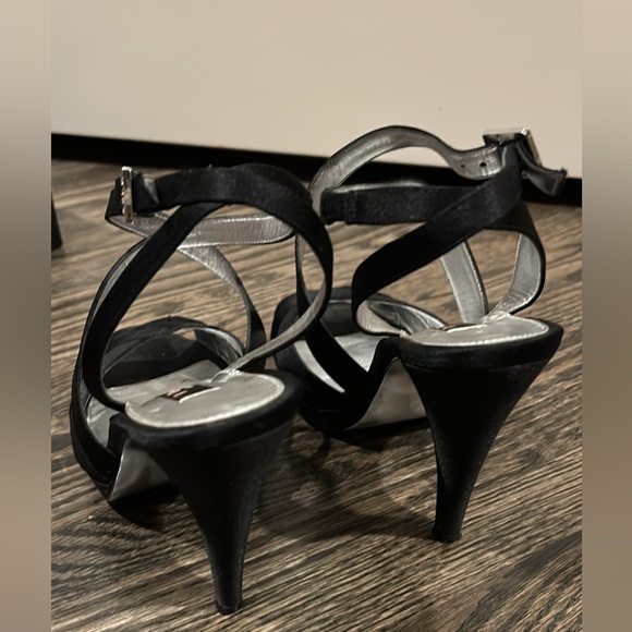 Black satin strappy sandal heels with rhinestone buckle - Picture 4 of 7